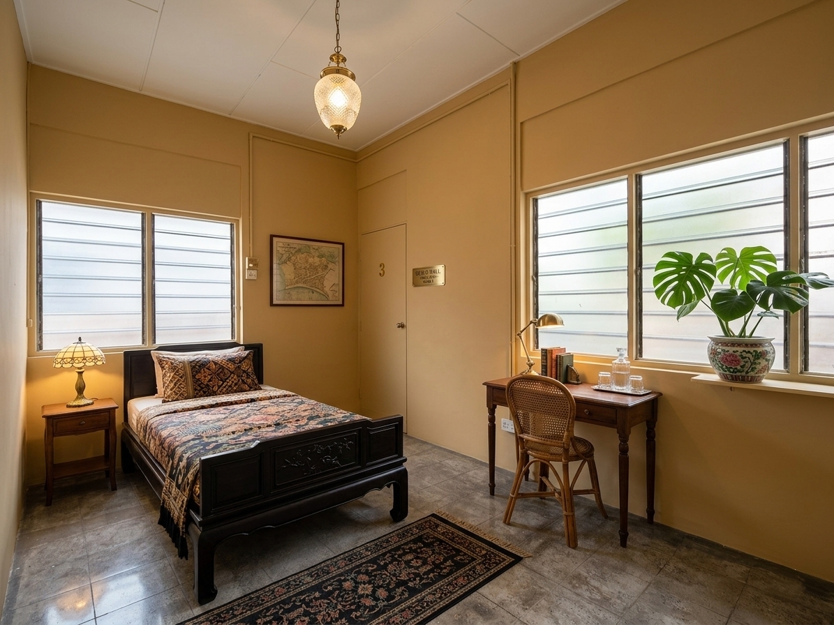 Warm bedroom with desk, lamp, and amber walls