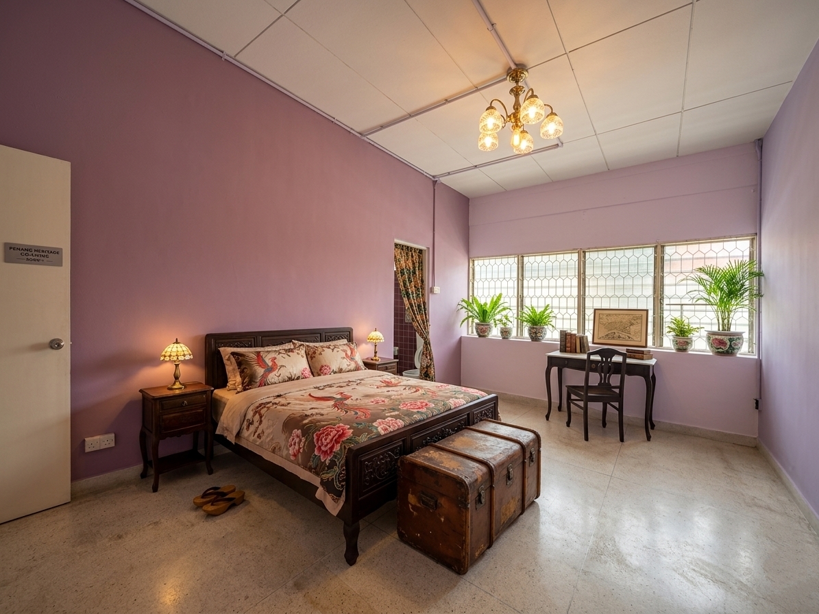 Lavender bedroom with desk and large windows